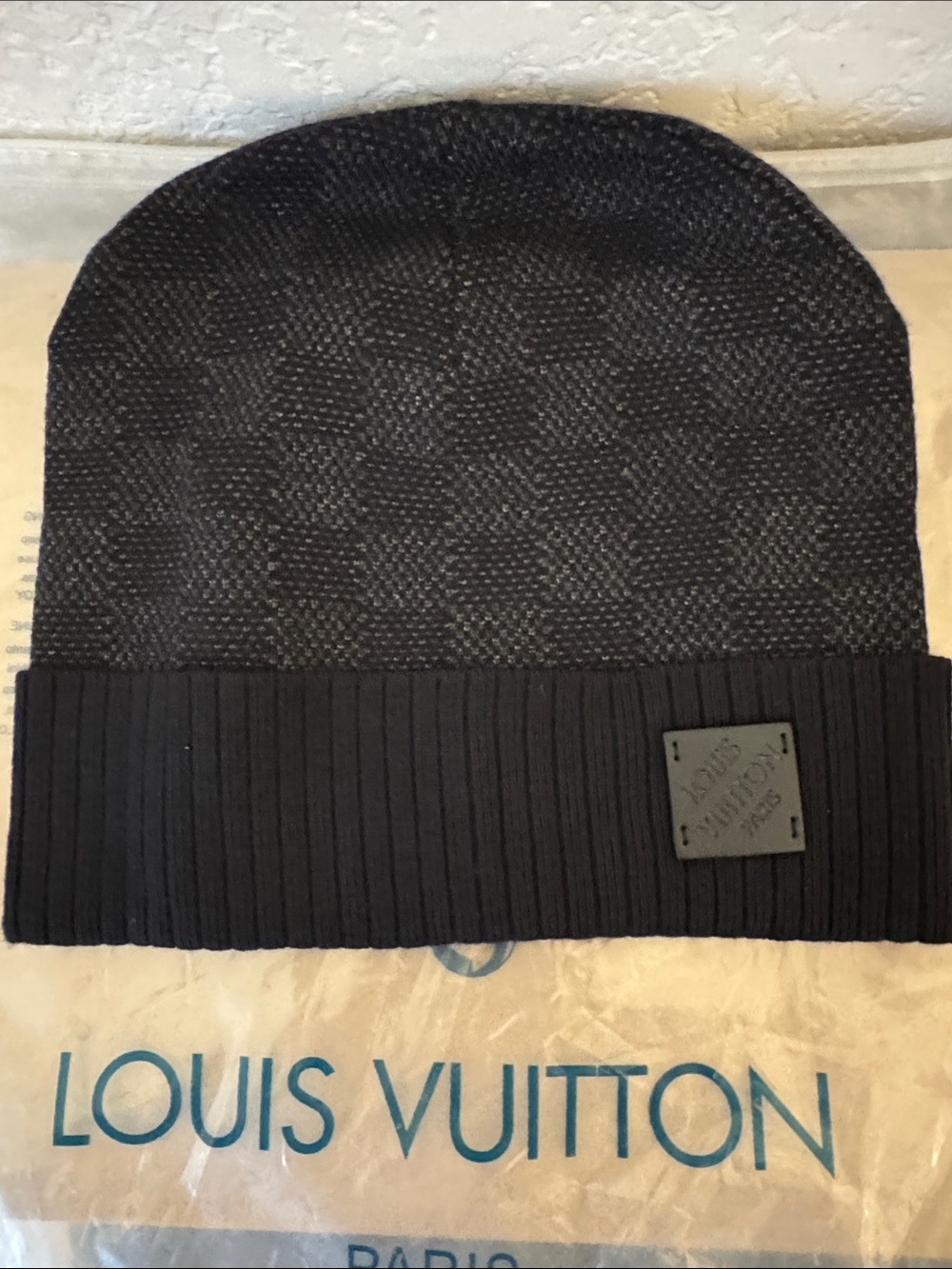 Louis Vuitton Black Textured Knit Beanie with Branded Patch